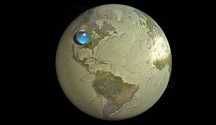 The volume of water on Earth compared to the Earth itself
