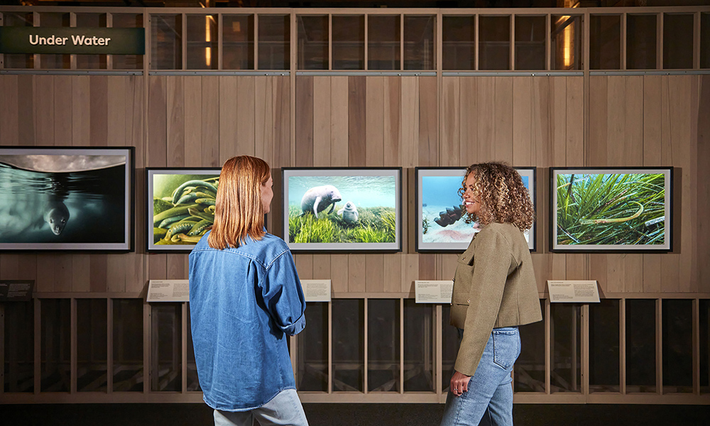 Two women stand in front of pictures of the Wildlife Photographer of the Year exhibition