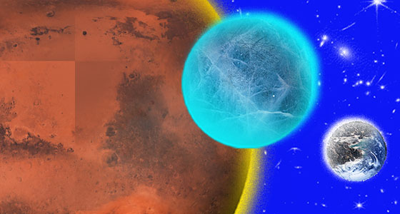 Art of three planets in different colours and sizes over a blue background with stars
