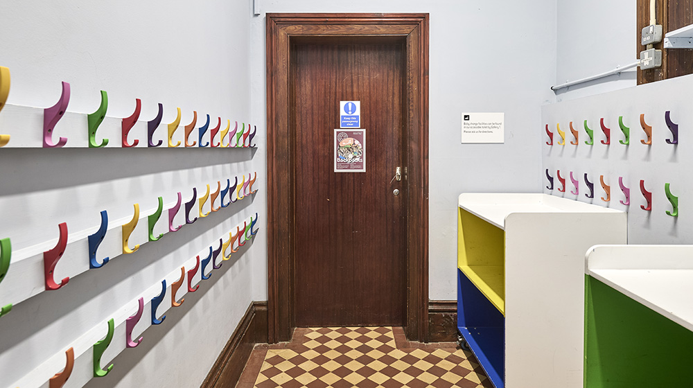 Cloak hooks and organisers in different colours, and a wooden door at the back.