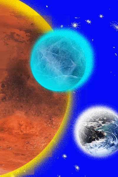 Art of planets on different sizes and colours over a blue background