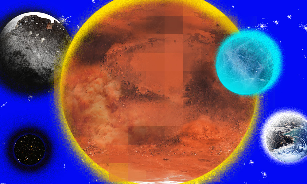 A generated image showing 5 spheres, each representing a different planetary surface against a blue background