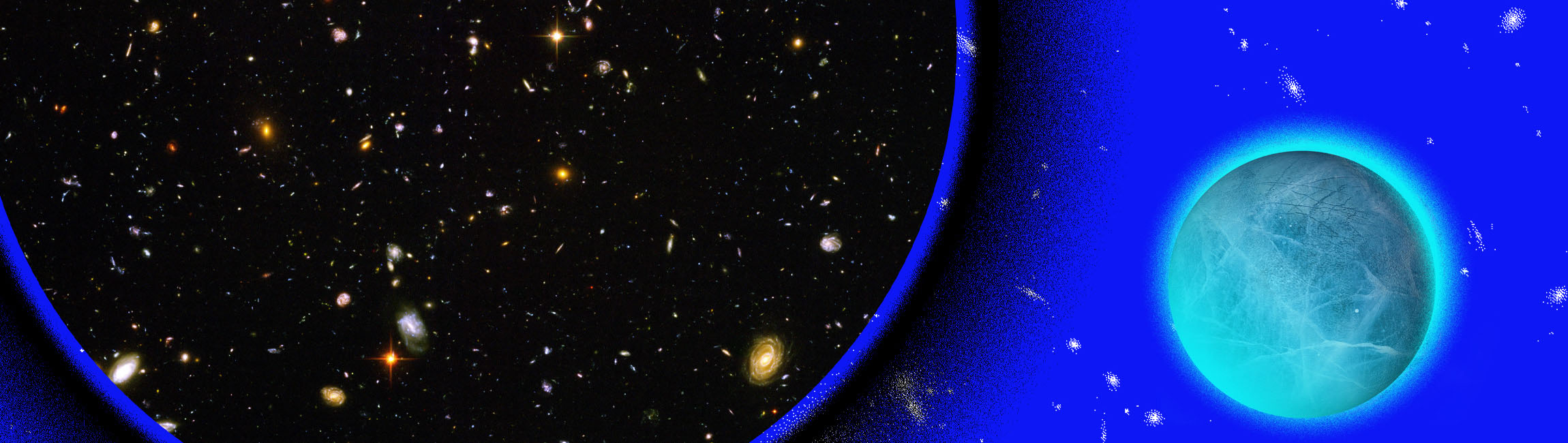 Art of a blue planet next to a galaxy on a blue background