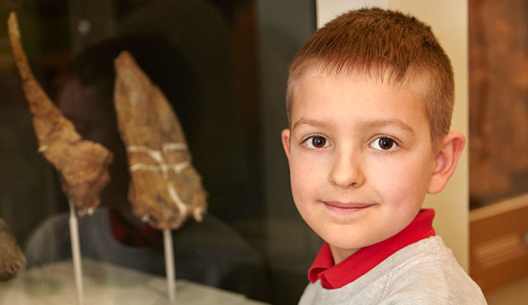 A school pupil at the Museum in Tring, beside a display case 
