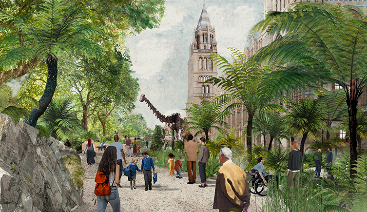 An illustration of a garden in front of the museum showing dippy the dinosaur, humans and plants