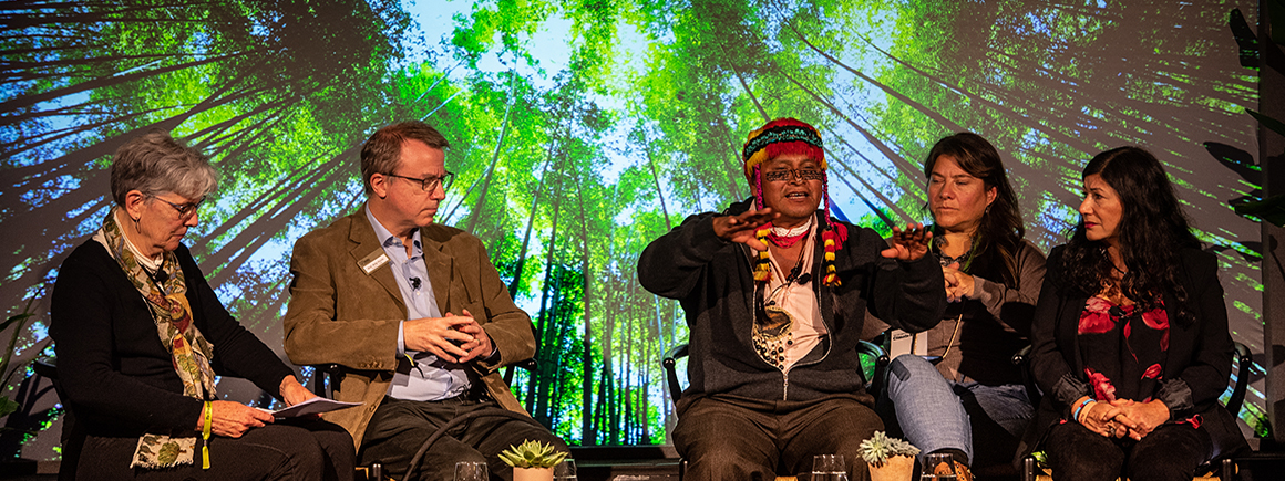 Five people sit on a stage in a panel with a projectin of a forest behind them