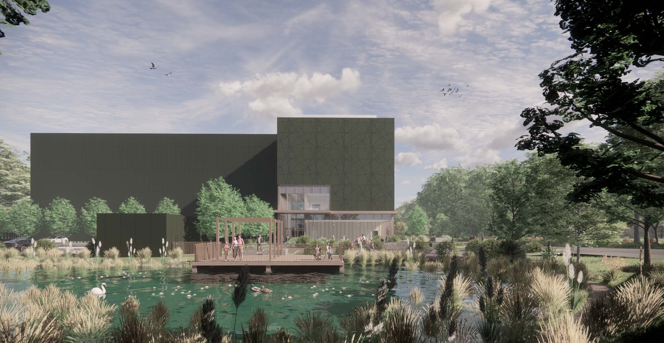 Artist drawing of the exterior of the new centre looking across a natural pond.