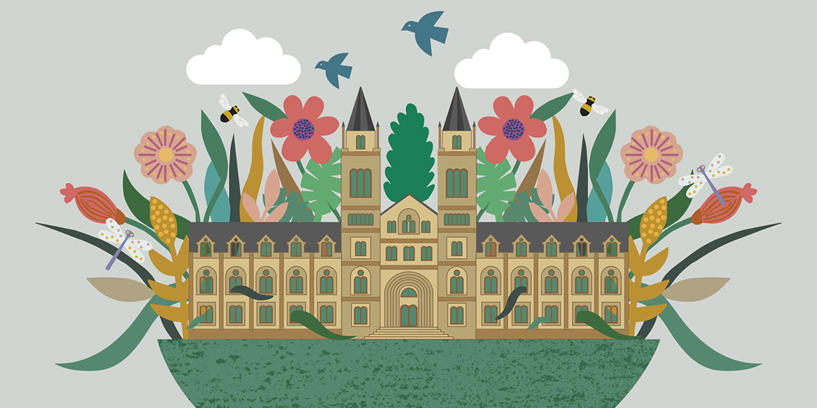 An illustration showing the Museum surrounded by nature.