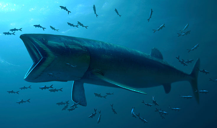 An illustration of a prehistoric ocean animal surrounded by small fish under the sea