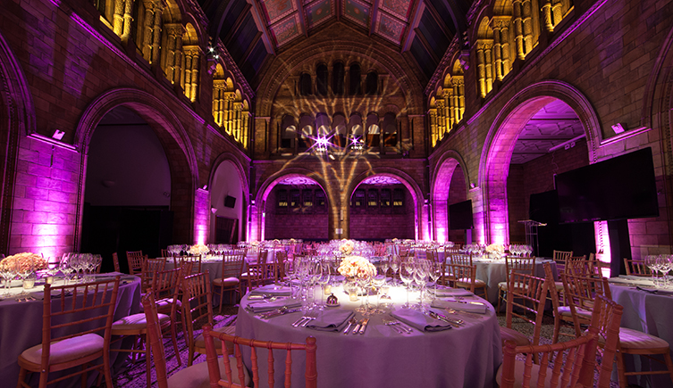 A photo of the historical North Hall set up for dinner
