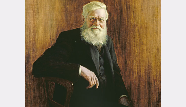 Portrait painting of Alfred Russell Wallace as an old man, sitting sideways on a chair in front of a plain brown background. He has white hair, a white beard, small glasses and is wearing a black suit.
