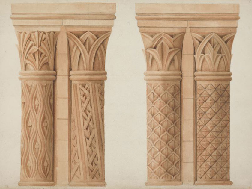 Illustration with colour-wash showing four columns with different patterns