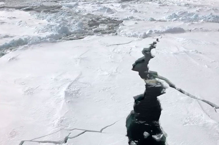 A cracked sheet of ice. The ocean visible in the gap is very dark blue-green. 