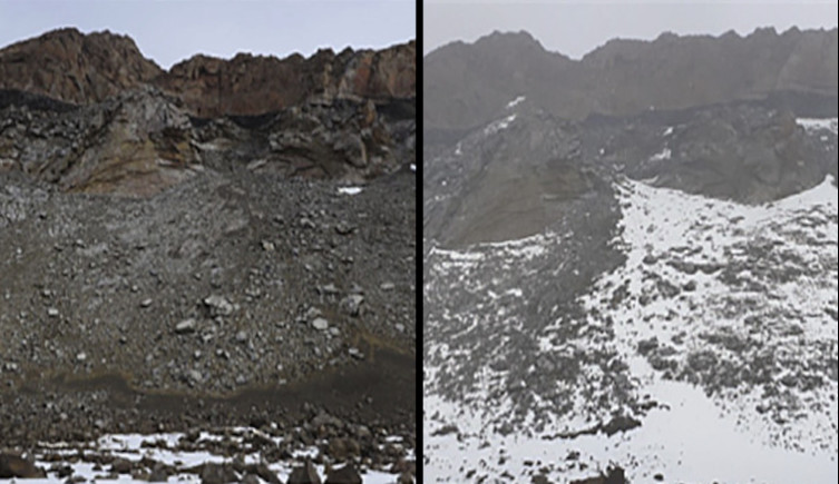 The rocky Svarthamaren colony in 2018, and the snow-covered site in 2021
