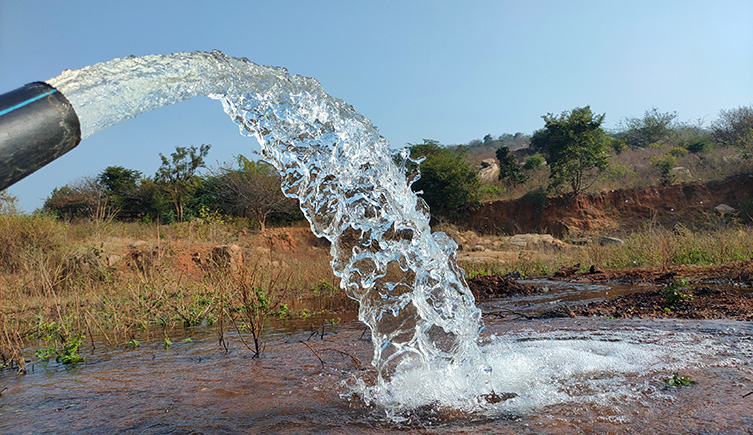 Water gushes from a pipe onto land covered in shrubs and grass.