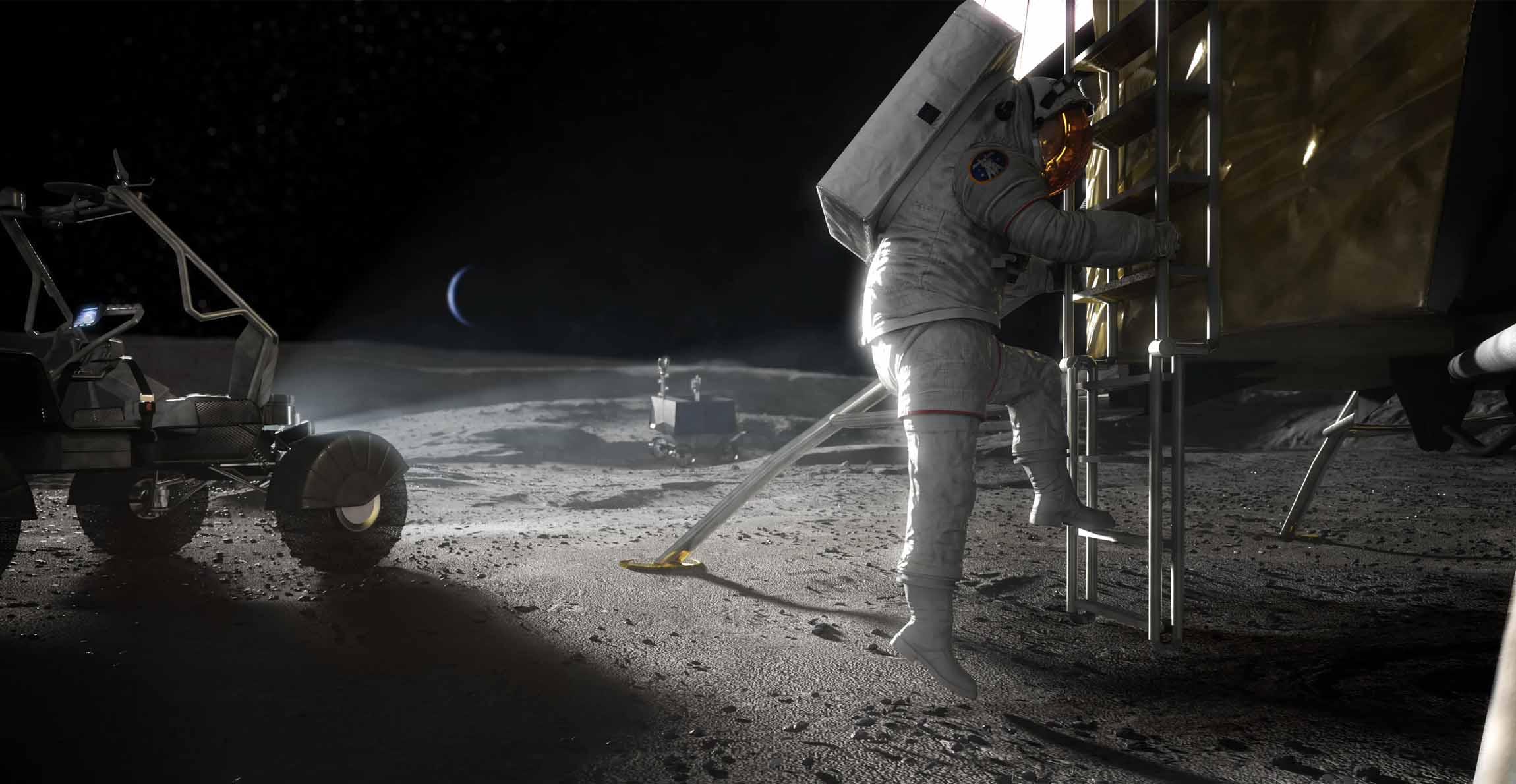 An artist's illustration of an astronaut stepping out of a spacecraft and onto the Moon's surface
