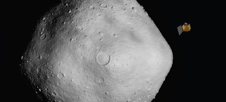 An irregular-shaped space rock covered in craters, with a small spacecraft in the distance