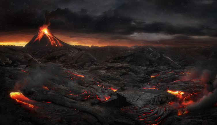 Volcano in the background spouting lava under a dark sky with molten rock in the foreground.