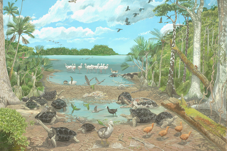 A painting of mauritius, featuring the extinction dodo and giant tortoises