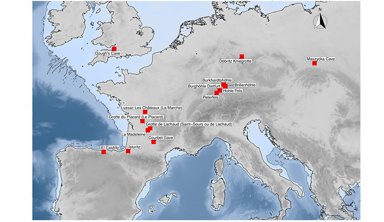 A map of north-western Europe with the locations where human cannibalism has been found marked as red squares. 