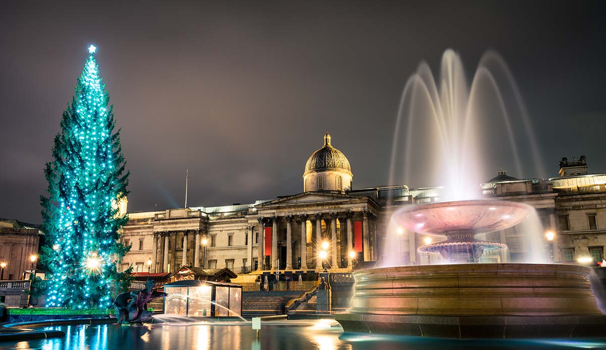 Trafalgar Square is lit up at night with blue lights on the Christmas tree.