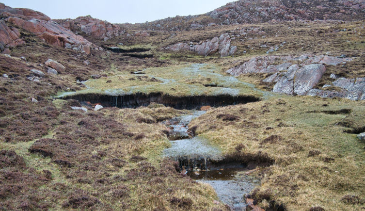 A stream runs through peatland in the Shetlands