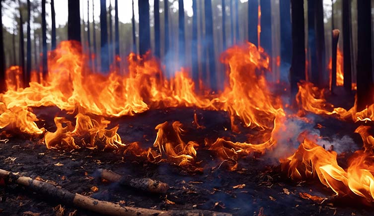A fire on the floor of a forest, with smoke rising into the air.