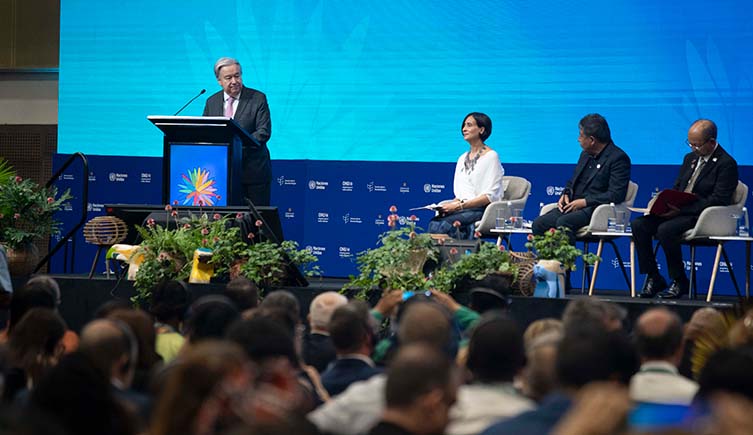 UN Secretary General António Guterres makes a speech on stage at COP16.