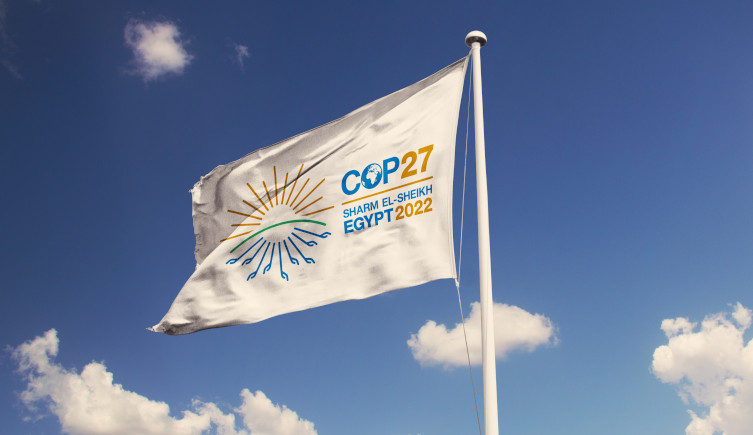 A flag with the COP27 logo