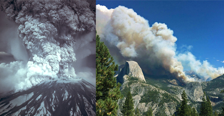Volcanic eruption of Mt St Helens and a forest fire at Yosemite National Park