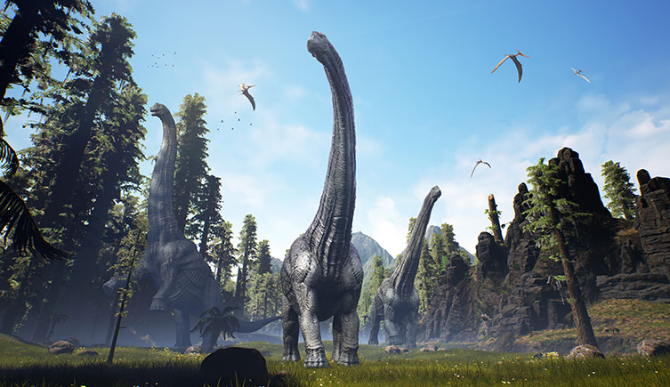 Three Alamosaurus dinosaurs walking through a forest. One is rearing up to reach food at the top of a tree. Pterosaurs fly above them. 
