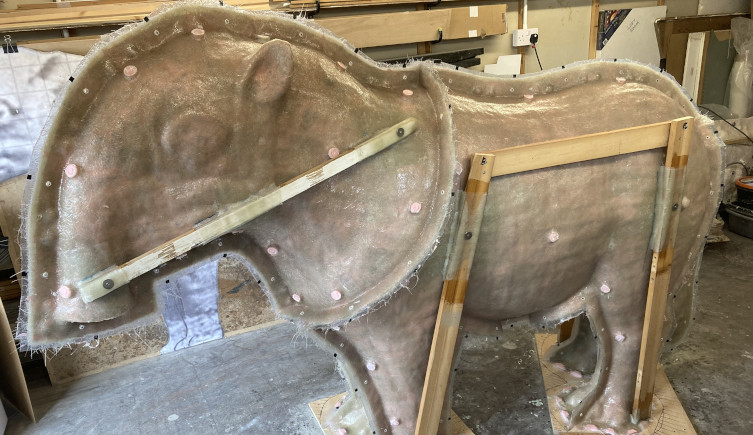 The Palaeotherium statue encased in a mould.