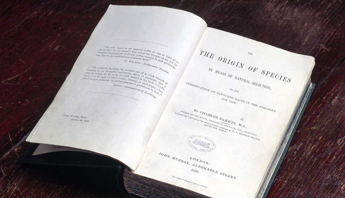 A copy of on the origin of species open on the title page. 