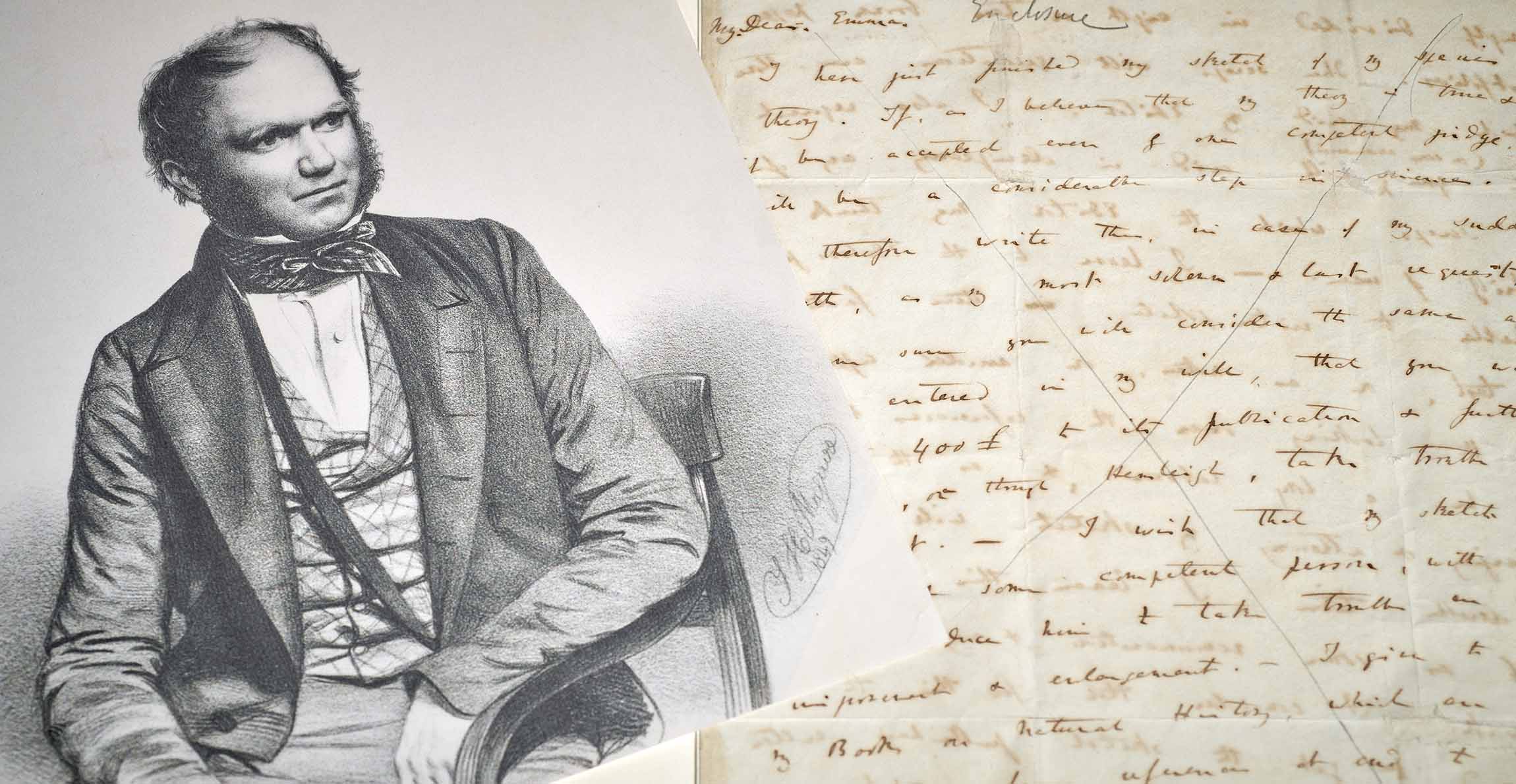 A black and white portrait of a young Darwin next to original letter written in his own hand. 