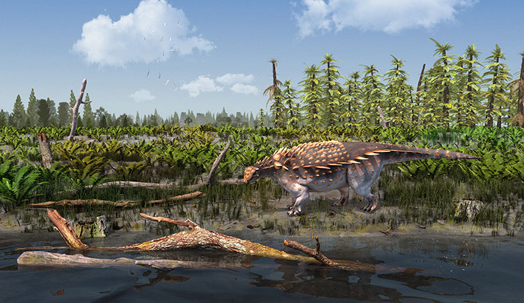 Palaeoart of armoured dinosaur Vectipelta barretti and its Cretaceous environment