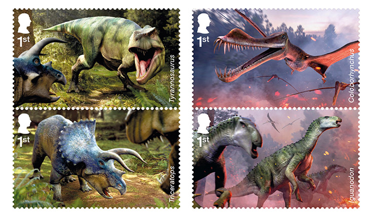 Four of the new dinosaur stamps, featuring a T. rex attacking a Triceratops and a pterosaur flying over a herd of Iguanodons. 