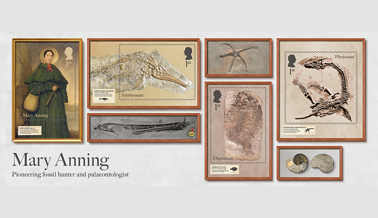 The Mary Anning stamps with a portraint of Mary and the fossils she found laid out as if on display in the Natural History Museum.
