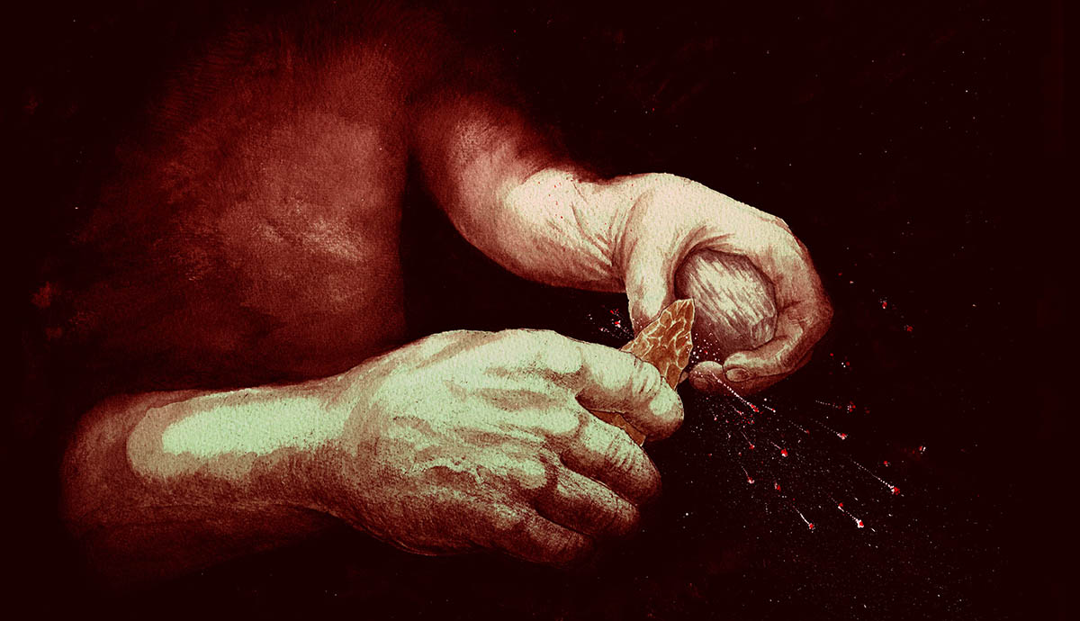 An artists recreation of an early human striking a piece of pyrite against a flint to create sparks. 