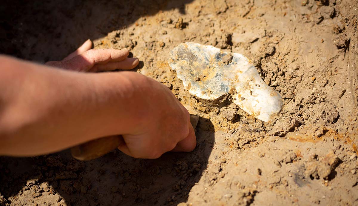 A hand is showing digging a flint tool out of the brown muddy sediment. 