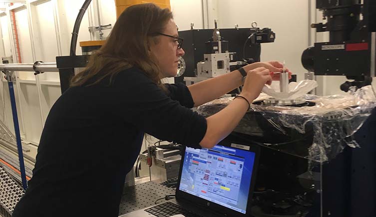 Former Natural History Museum curator Pip Brewer positions a sample in a synchrotron.