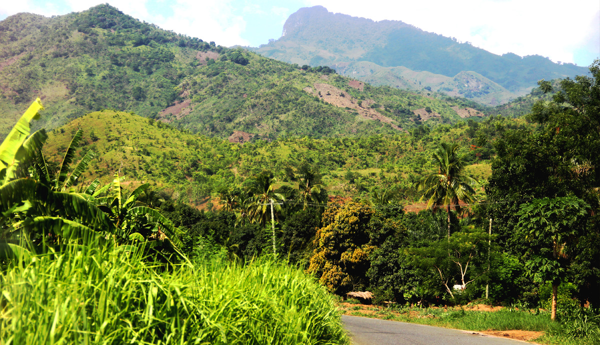 A road winds its way along the foothills of some mountains in Tanzania.