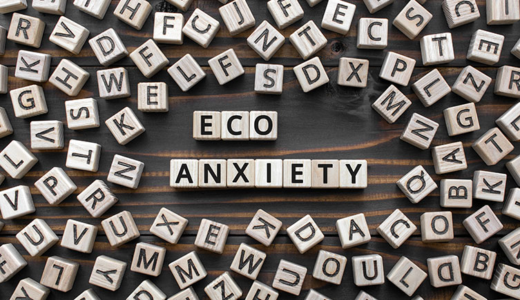 Letter blocks arranged to spell out 'eco anxiety'