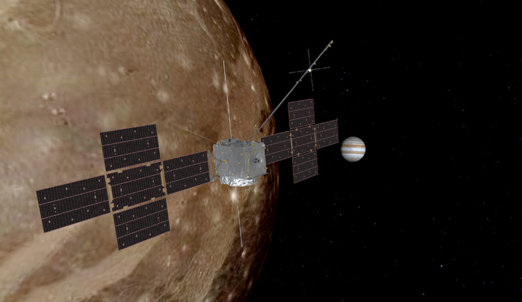 An artists rendisiton of the satellite flying over the surface of Ganymede, with Jupiter visible in the background. 