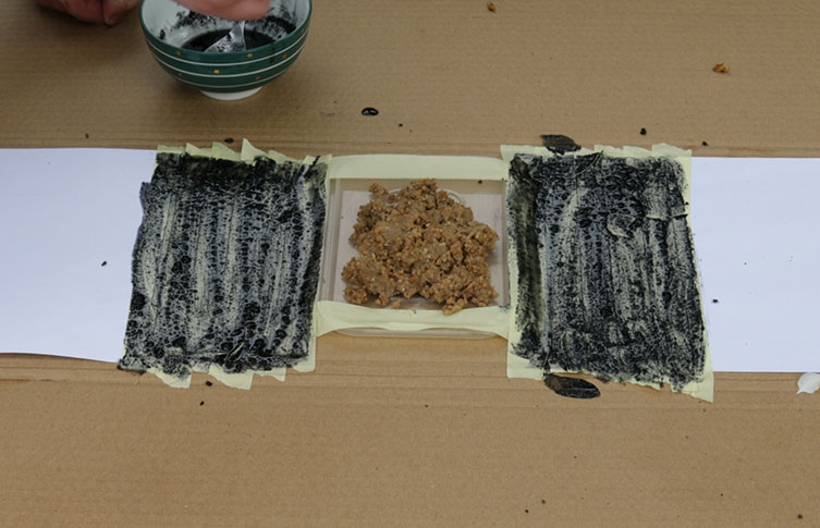 A tray of wet cat food on a tray between two ink pads on a piece of cardboard