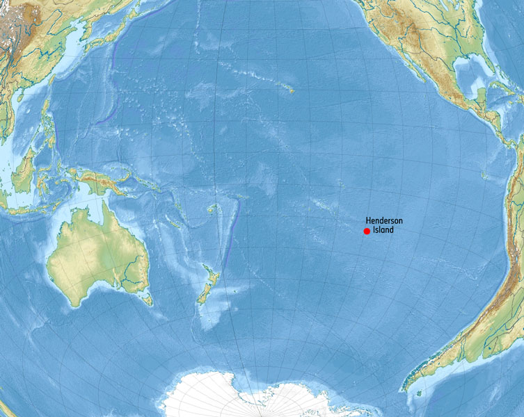 A map of the world with Henderson Island marked as a red dot