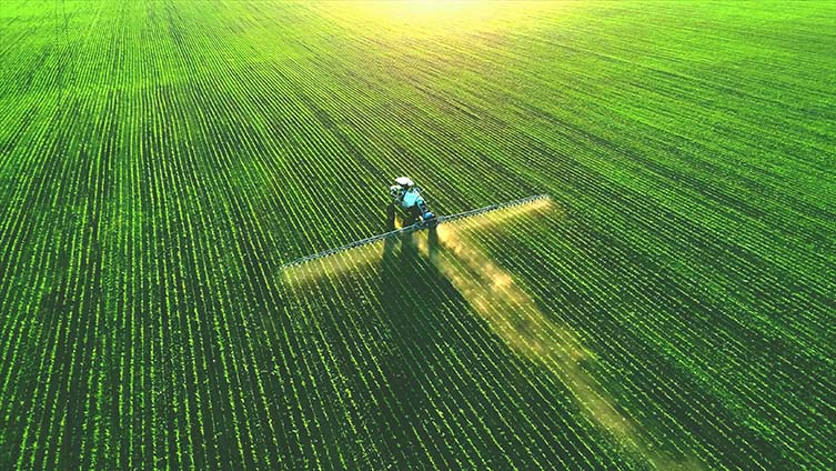 A tractor is driving through a large field and spray is coming out of a long pipe sticking out from each side of the vehicle, landing on rows of green plants