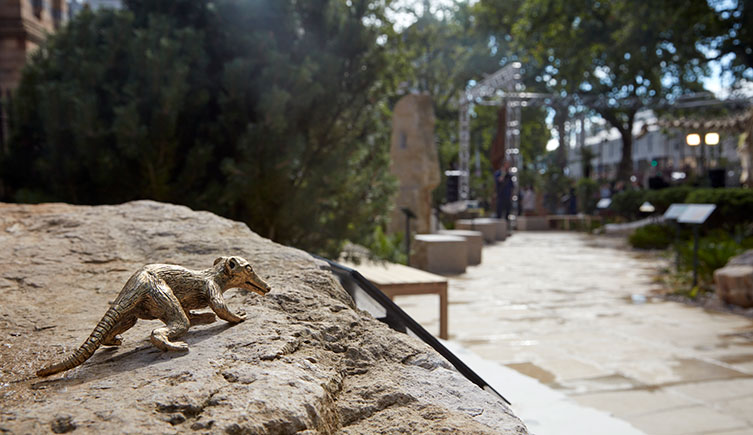 A bronze sculpture of the small early mammal Megazostrodon rudnerae on a rock in our gardens