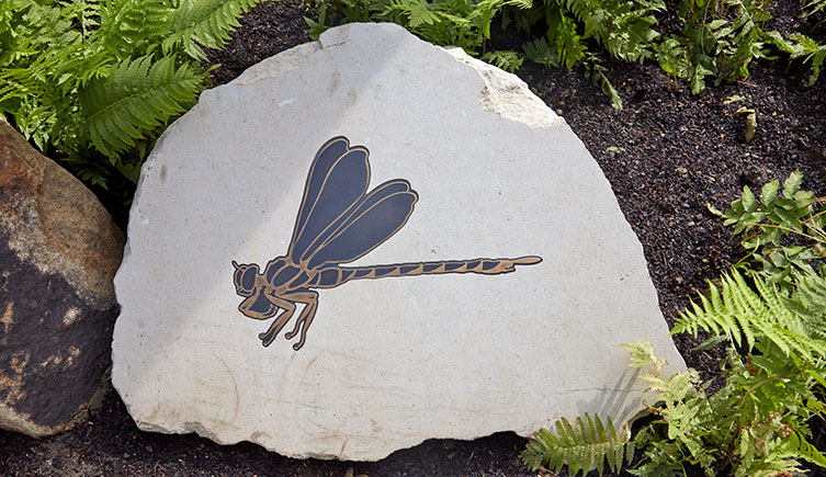 A pale rock containing a brass inlay of a very large dragonfly-like insect