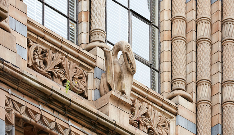 A terracotta pterosaur statue on our building, surrounded by intricate patterns and decorations