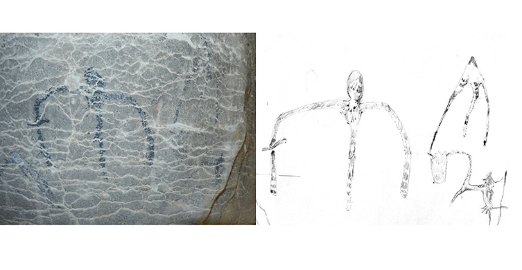 An 'M' symbol found on the cave wall, along side a pencil drawing showing it more detail.